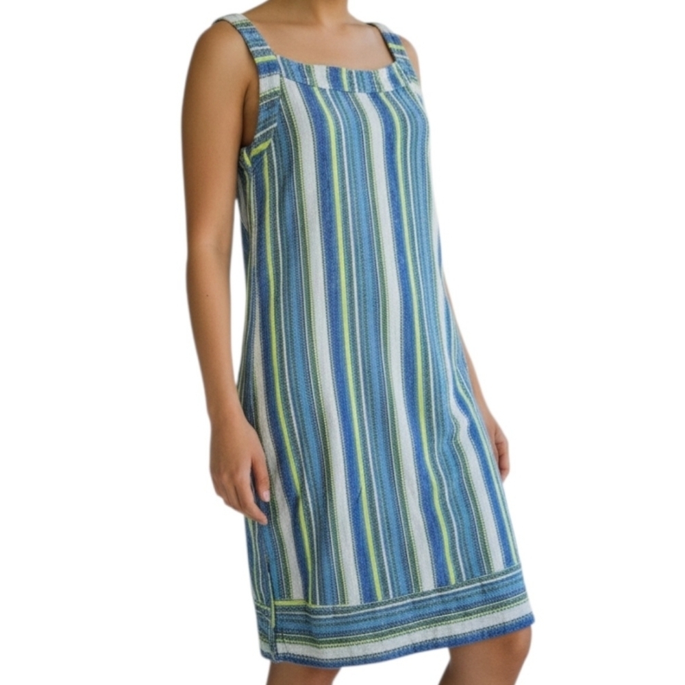 ForCynthia Striped Linen Blend Shift Dress Blue Green Yellow Medium Beachy